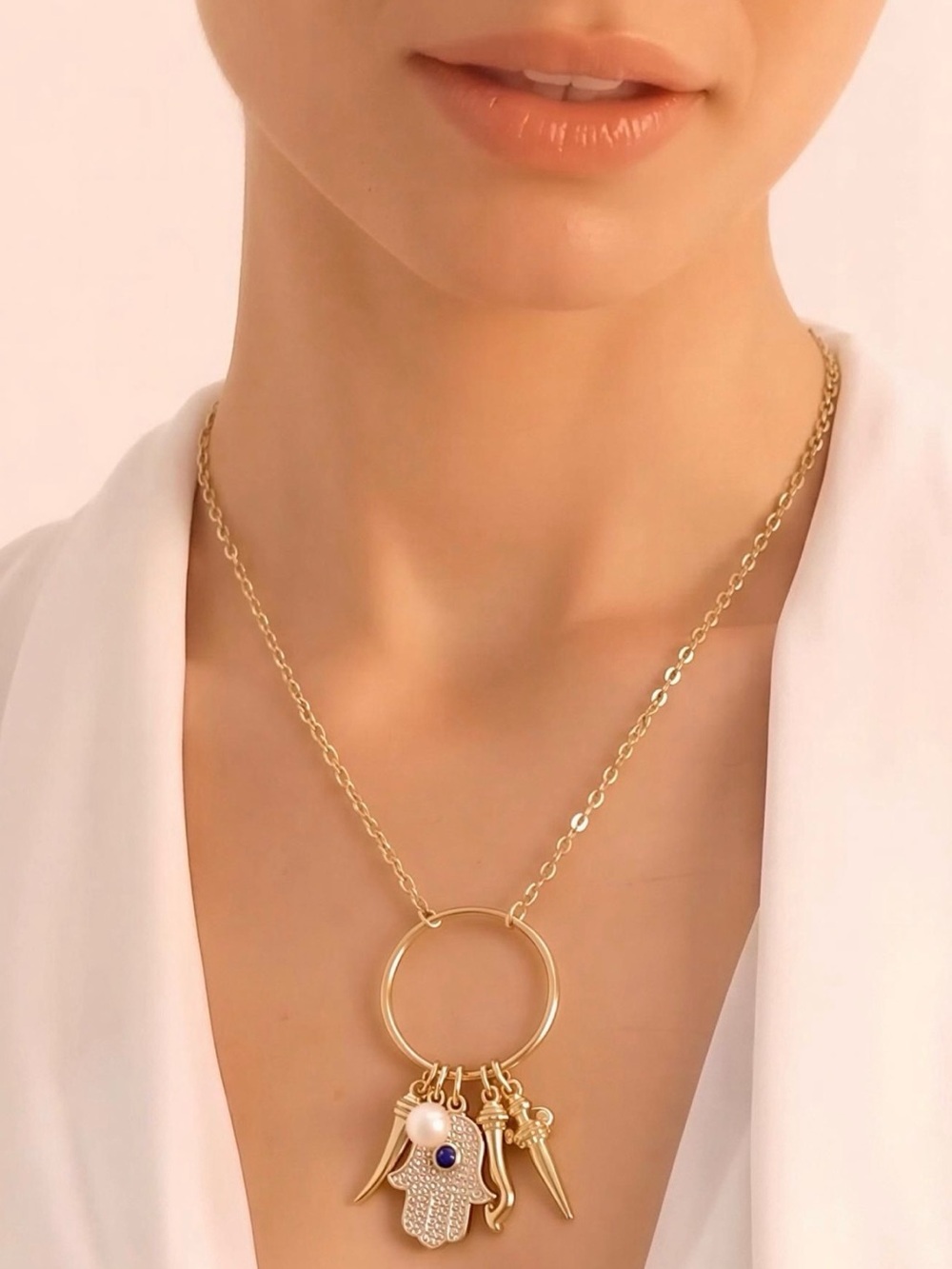 Gold Hamsa Pendant Necklace with Pearl and Fortune Charms 🆕